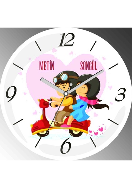 Seni Seviyorum Motorlu Aşıklar Çap 30CM Sessiz Akar Bombeli Gerçek Cam Duvar Saati