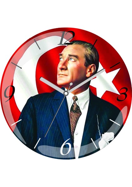 Atatürk Arkada Bayrak Çap 30CM Sessiz Akar Bombeli Gerçek Cam Duvar Saati