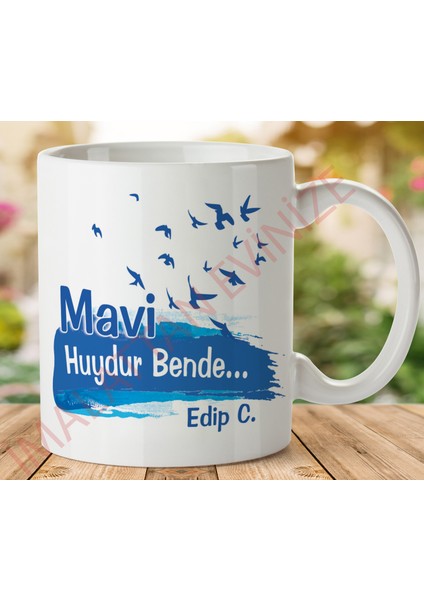 1-311 Mavi Huydur Bende Edip Cansever Iki Tarafı Baskılı Kupa Bardak
