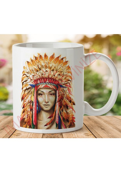 1-555 Kızılderili Kız Renkli Iki Tarafı Baskılı Kupa Bardak