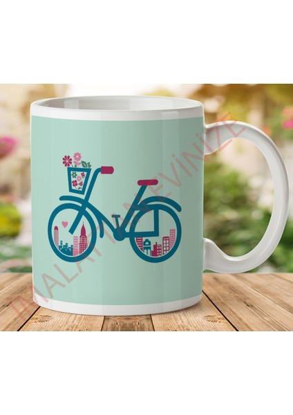 1-082 Retro Çiçek Sepeti Bıcycle Iki Tarafı Baskılı Kupa Bardak