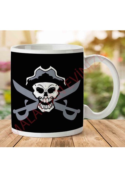 1-1666 Pirate Skull And Cross Cutlass Iki Tarafı Baskılı Kupa Bardak