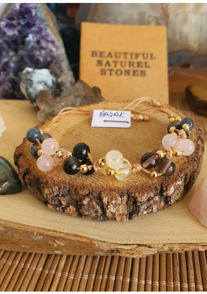 Başak Burcu Doğal Taş Bileklik ( Pembe Kuvars,obsidyen,lapis ,dumanlı Kuvars,sitrin ) 6 mm