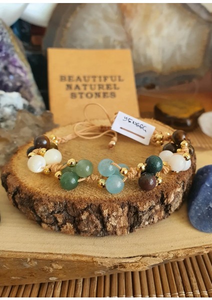 Yengeç Burcu Doğal Taş Bileklik ( Sedef, Kaplan Gözü , Akik , Aventurin ,kan Taşı ) 6 mm El