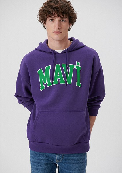 Erkek Mavi Logo Baskılı Kapüşonlu Mor Sweatshirt 067149-70693