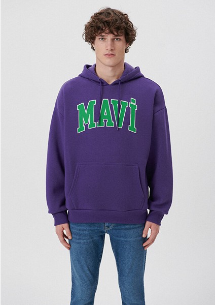 Erkek Mavi Logo Baskılı Kapüşonlu Mor Sweatshirt 067149-70693