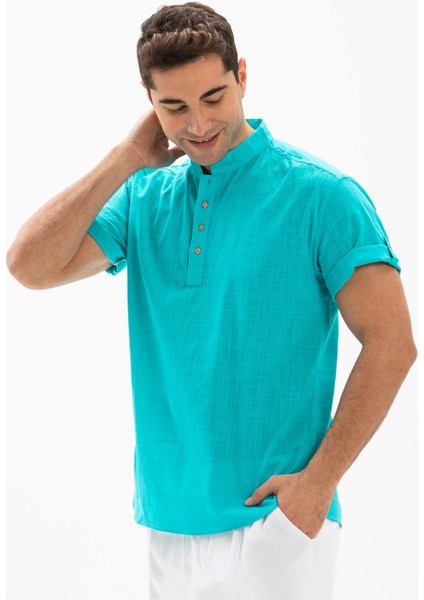 Kısa Kol Şile Bezi Bodrum Erkek T-Shirt Turkuaz modelleri