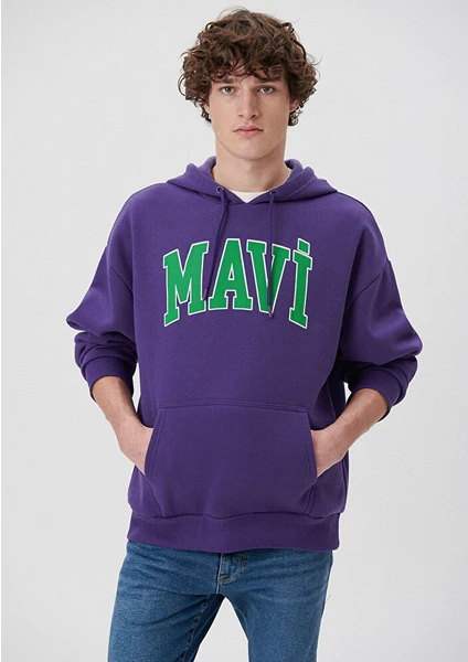 Erkek Mavi Logo Baskılı Kapüşonlu Mor Sweatshirt 067149-70693