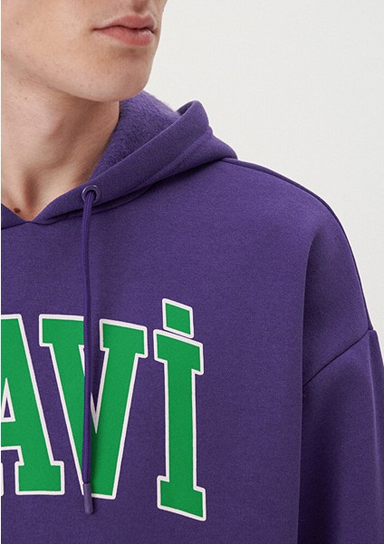 Erkek Mavi Logo Baskılı Kapüşonlu Mor Sweatshirt 067149-70693