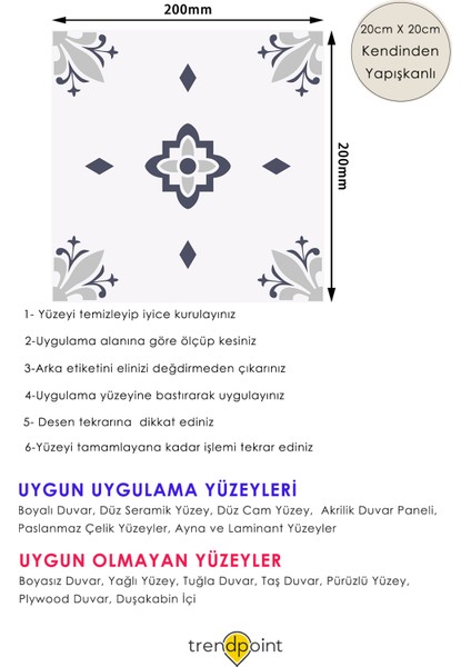 6 Adet 20 x 20 cmKendinden Yapışkanlı Pvc Sticker Duvar Zemin Kaplama Mutfak Banyo Dekorasyon