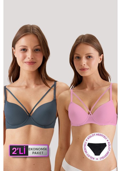 2'li Ekonomik Paket 6511 Oyster Pink Antrasit Balenli Push Up Destekli Micro Sütyen (Slip Hediyeli)