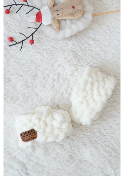 Yeni Doğan Panduf Patik 0-3M Krem Unisex El Yapımı Süslü Ayakkabı Alize Puffy İp Örgü Organik Sertifika