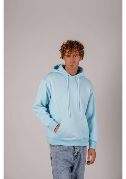 Unisex Indigo Basic Oversize Kapşonlu Sweatshirt