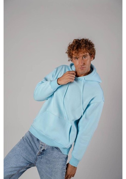 Unisex Indigo Basic Oversize Kapşonlu Sweatshirt