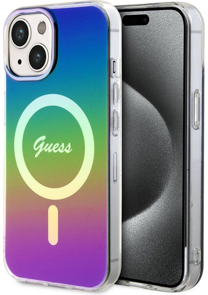 iPhone 15 Plus Uyumlu Kılıf Guess Orjinal Lisanslı Magsafe Şarj Özellik Yazı Logolu Iridescent Siyah