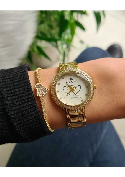 Taşlı Kalp Desenli Zirkon Taşlı Kalp Bileklik Kombin Sarı Renk ve Kadın Kol Saati