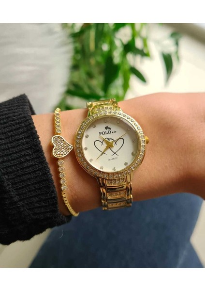 Taşlı Kalp Desenli Zirkon Taşlı Kalp Bileklik Kombin Sarı Renk ve Kadın Kol Saati fiyatları