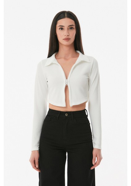 Çift Fermuarlı Polo Yaka Bluz