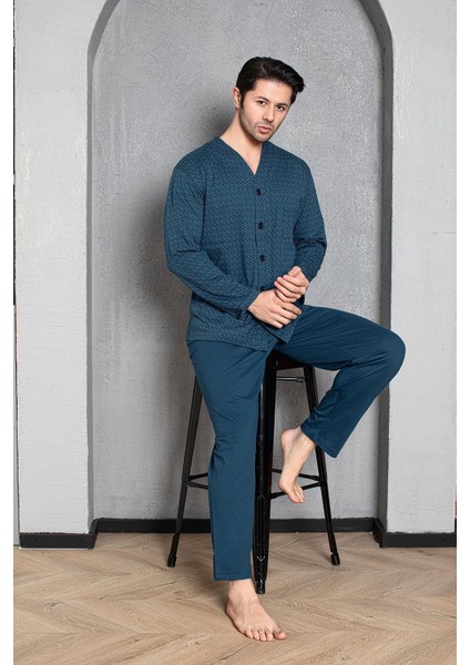 Erkek Mavi Önden Düğmeli Uzun Kollu Pijama Takımı