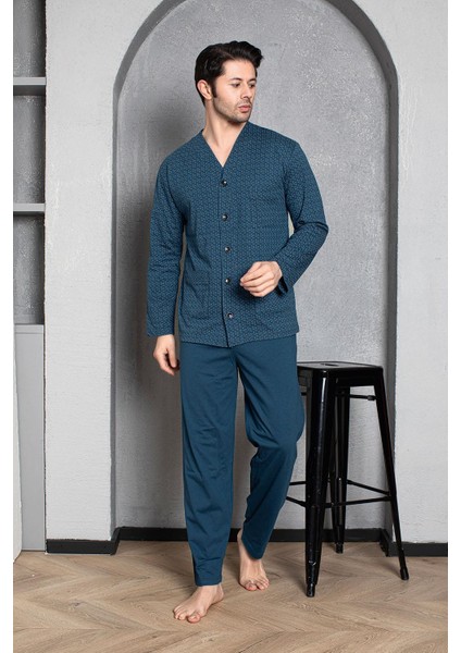 Erkek Mavi Önden Düğmeli Uzun Kollu Pijama Takımı fiyatları