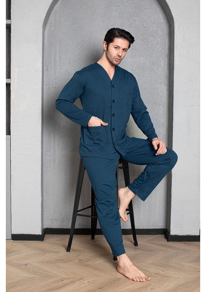 Erkek Mavi Önden Düğmeli Uzun Kollu Pijama Takımı