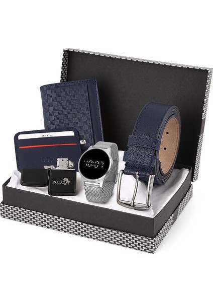 Erkek Kol Saati Kemer Cüzdan Slim Kartlık Çakmak Set Lacivert