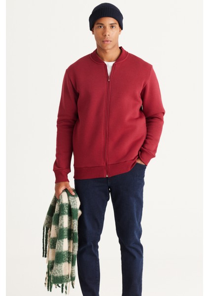 Erkek Bordo Standart Fit Normal Kesim Içi Polarlı 3 Iplik Kolej Yaka Pamuklu Sweatshirt Ceket