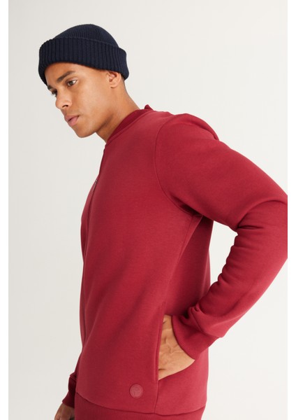 Erkek Bordo Standart Fit Normal Kesim Içi Polarlı 3 Iplik Kolej Yaka Pamuklu Sweatshirt Ceket