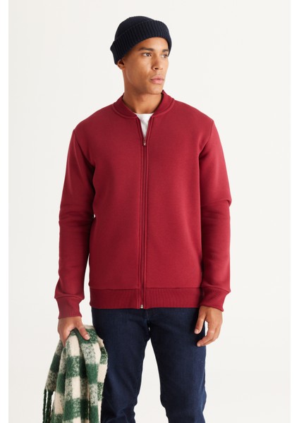 Erkek Bordo Standart Fit Normal Kesim Içi Polarlı 3 Iplik Kolej Yaka Pamuklu Sweatshirt Ceket