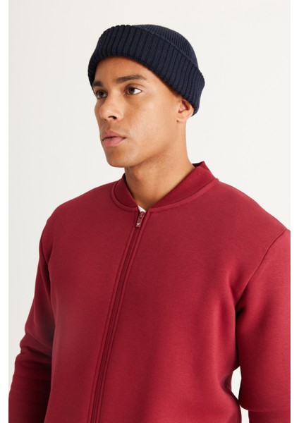 Erkek Bordo Standart Fit Normal Kesim Içi Polarlı 3 Iplik Kolej Yaka Pamuklu Sweatshirt Ceket