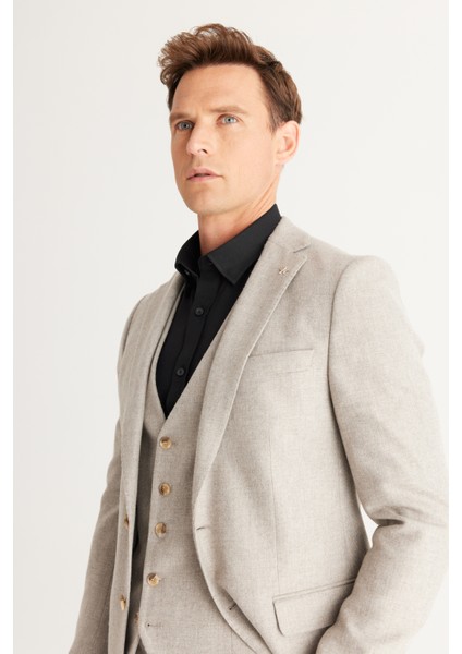 ALTINYILDIZ CLASSICS Erkek Bej Slim Fit Dar Kesim Mono Yaka Desenli Yelekli Takım Elbise