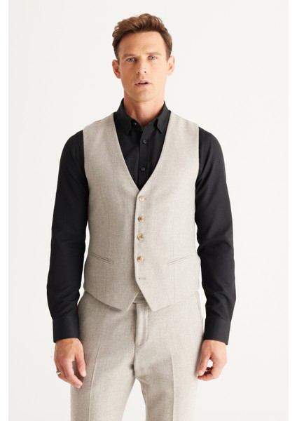 ALTINYILDIZ CLASSICS Erkek Bej Slim Fit Dar Kesim Mono Yaka Desenli Yelekli Takım Elbise