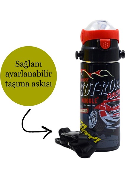 MUGGLE Pipetli Çelik Matara MT-2635 Araba Desenli Siyah 550 ml