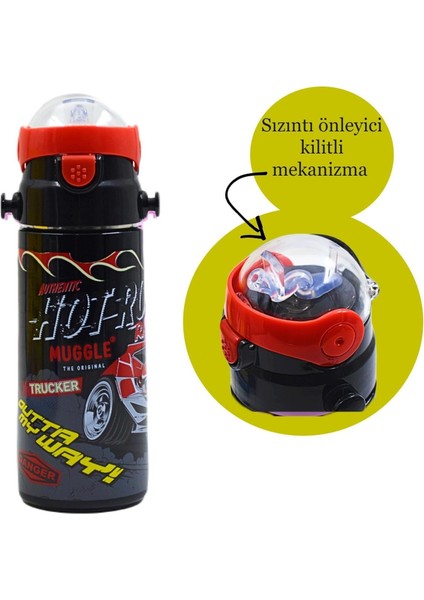 MUGGLE Pipetli Çelik Matara MT-2635 Araba Desenli Siyah 550 ml