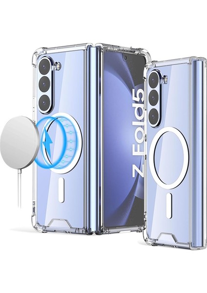 Samsung Galaxy Z Fold 5 Kılıf Şeffaf Sararmaz Wireless Magsafe Kapak ve Kablosuz Şarj Cihazı Set