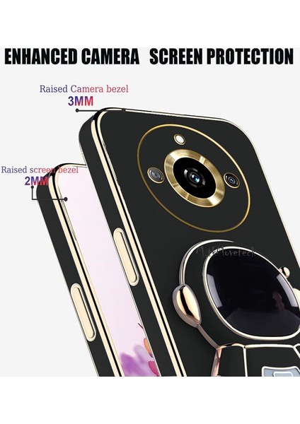 Realme 11 Pro Kılıf Astronot Standlı Sevimli Parlak Gold Altın Kenarlı Tam Korumalı 3D Sevimli Kapak