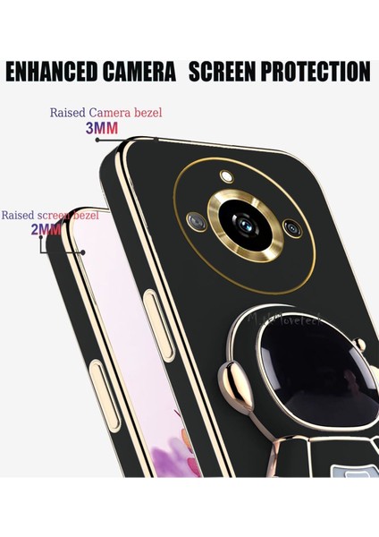 Realme 11 Pro Kılıf Astronot Standlı Sevimli Parlak Gold Altın Kenarlı Tam Korumalı 3D Sevimli Kapak