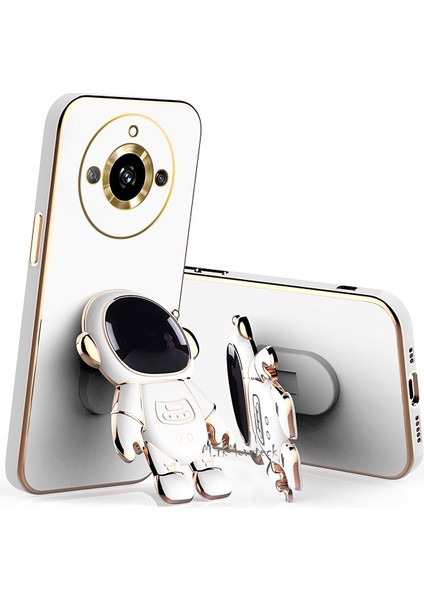 Realme 11 Pro Kılıf Astronot Standlı Sevimli Parlak Gold Altın Kenarlı Tam Korumalı 3D Sevimli Kapak