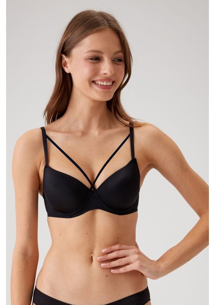 2'li Ekonomik Paket 6511 Taş Ekru-Siyah Balenli Push Up Destekli Micro Sütyen (Slip Hediyeli)