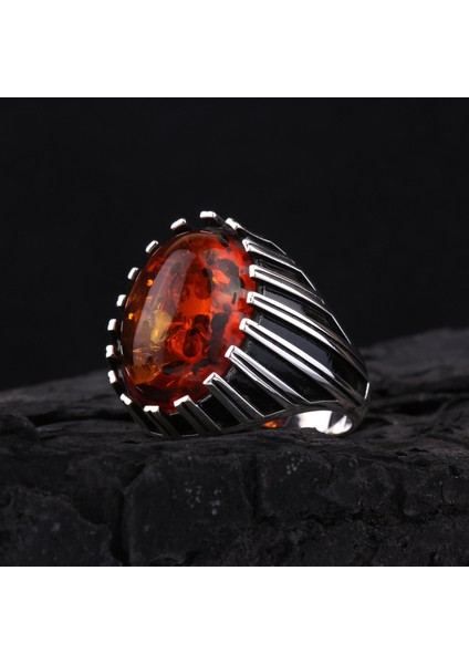 925 Ayar Gümüş Şerit Motifli Kehribar Taşlı Erkek Yüzük