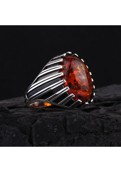 925 Ayar Gümüş Şerit Motifli Kehribar Taşlı Erkek Yüzük fiyatları