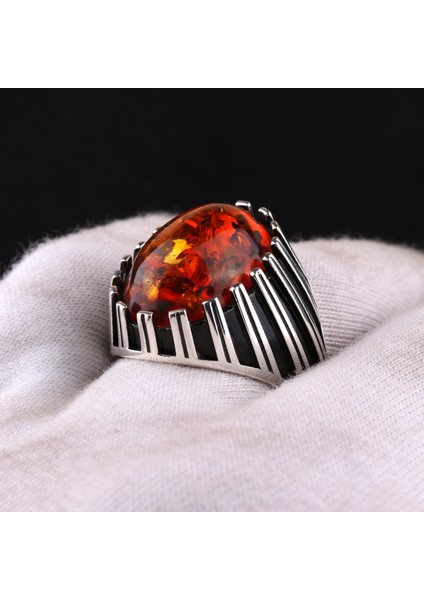 925 Ayar Gümüş Şerit Motifli Kehribar Taşlı Erkek Yüzük modelleri