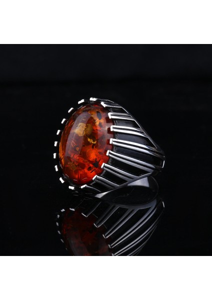 925 Ayar Gümüş Şerit Motifli Kehribar Taşlı Erkek Yüzük fırsatları