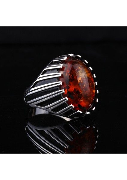 925 Ayar Gümüş Şerit Motifli Kehribar Taşlı Erkek Yüzük indirimleri