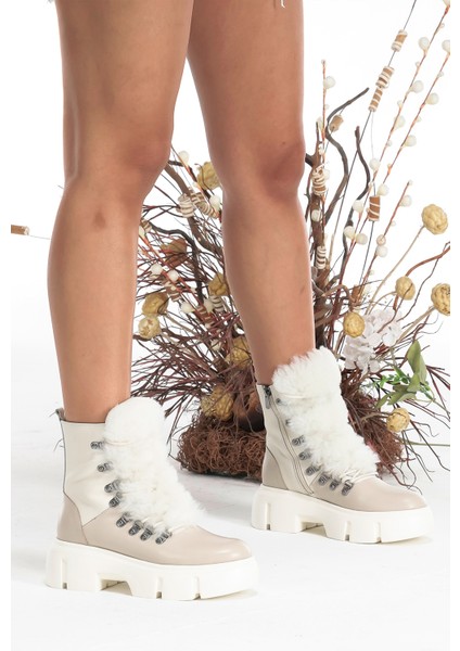 Deri Bağcıklı Fermuarlı Rahat Kadın Bot Ayakkabı