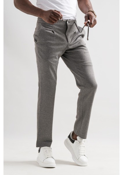 Slimfit Beli Lastikli Iplikli Çizgili Tek Pileli Kışlık Kumaş Erkek Jogger Pantolon modelleri