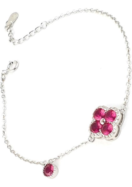 Pembe Zirkon Taşlı 925ayar Gümüş Yonca Bileklik