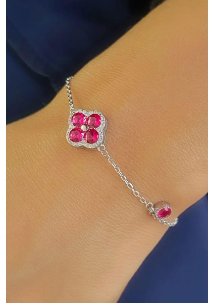 Pembe Zirkon Taşlı 925ayar Gümüş Yonca Bileklik modelleri