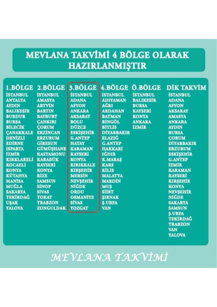 Mevlana Takvimi  Blok Takvim 3. Bölge