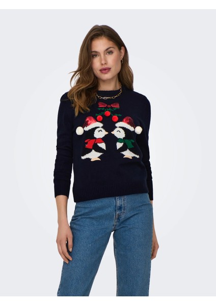 Penguen Desenli Kadın Kazak - Uzun Kol - Günlük Şık